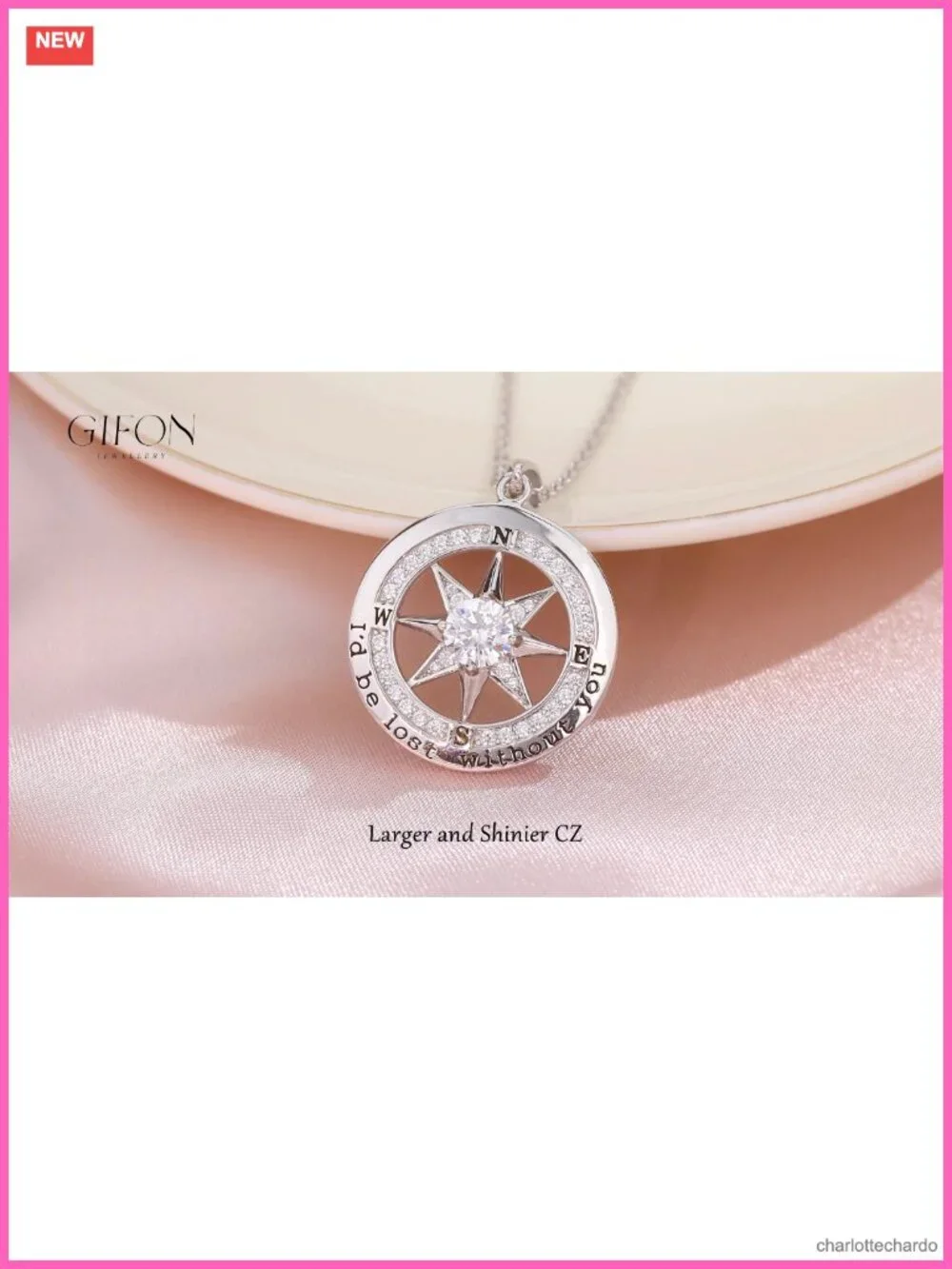 S925 Sterling Silver Compass Pendant Necklace Cubic Zirconia Anniversary Gift